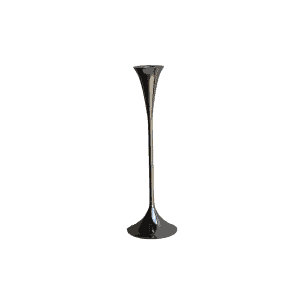 A tall, black, hourglass shaped taper candle holder with a narrow neck and wide base, perfect for wedding ceremony hire in Brisbane, photographed against a plain white background.
