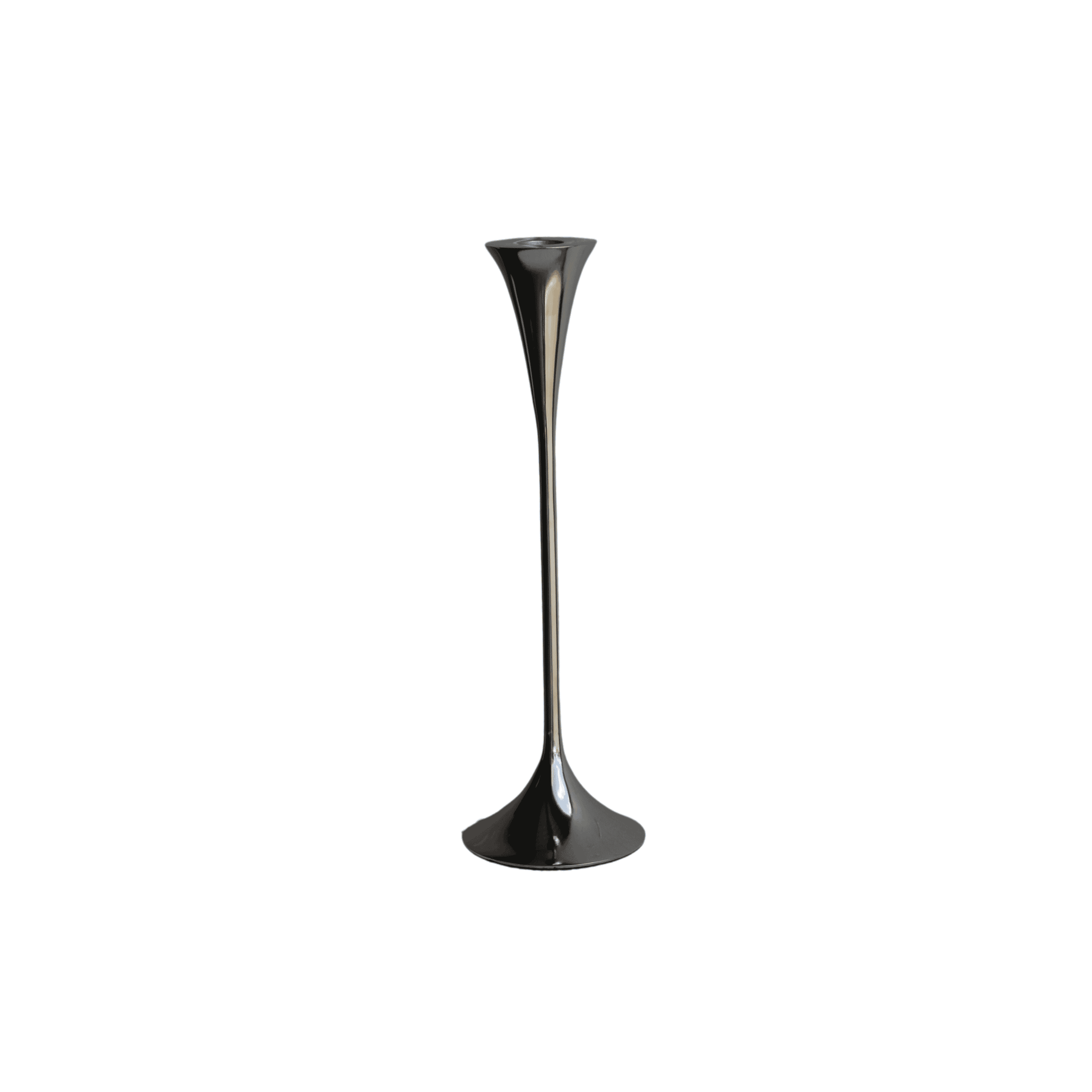 A tall, black, hourglass shaped taper candle holder with a narrow neck and wide base, perfect for wedding ceremony hire in Brisbane, photographed against a plain white background.