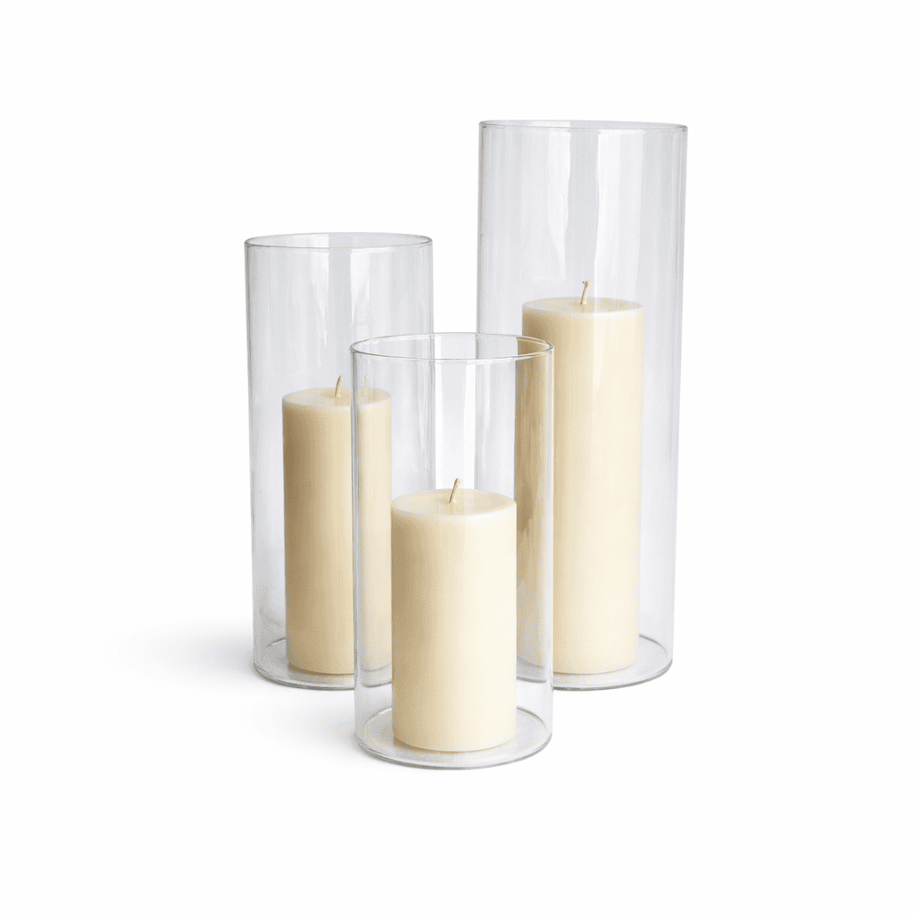 Set of three cream pillar candles in clear Pillar Candle Holder l Glass Cylinder of varying heights on a white background—ideal for elegant wedding hire in Gold Coast or Brisbane.