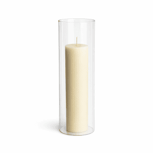 The Pillar Candle Holder | Glass Cylinder showcases a cream pillar candle in a tall, clear glass holder—ideal for elegant event or wedding hire on the Sunshine Coast and Brisbane.