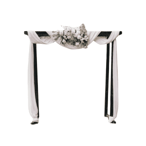 The Arbour Draping | White Chiffon features elegant white chiffon fabric and a top floral arrangement, perfect for wedding hire in Yamba. Shown isolated on a white background.