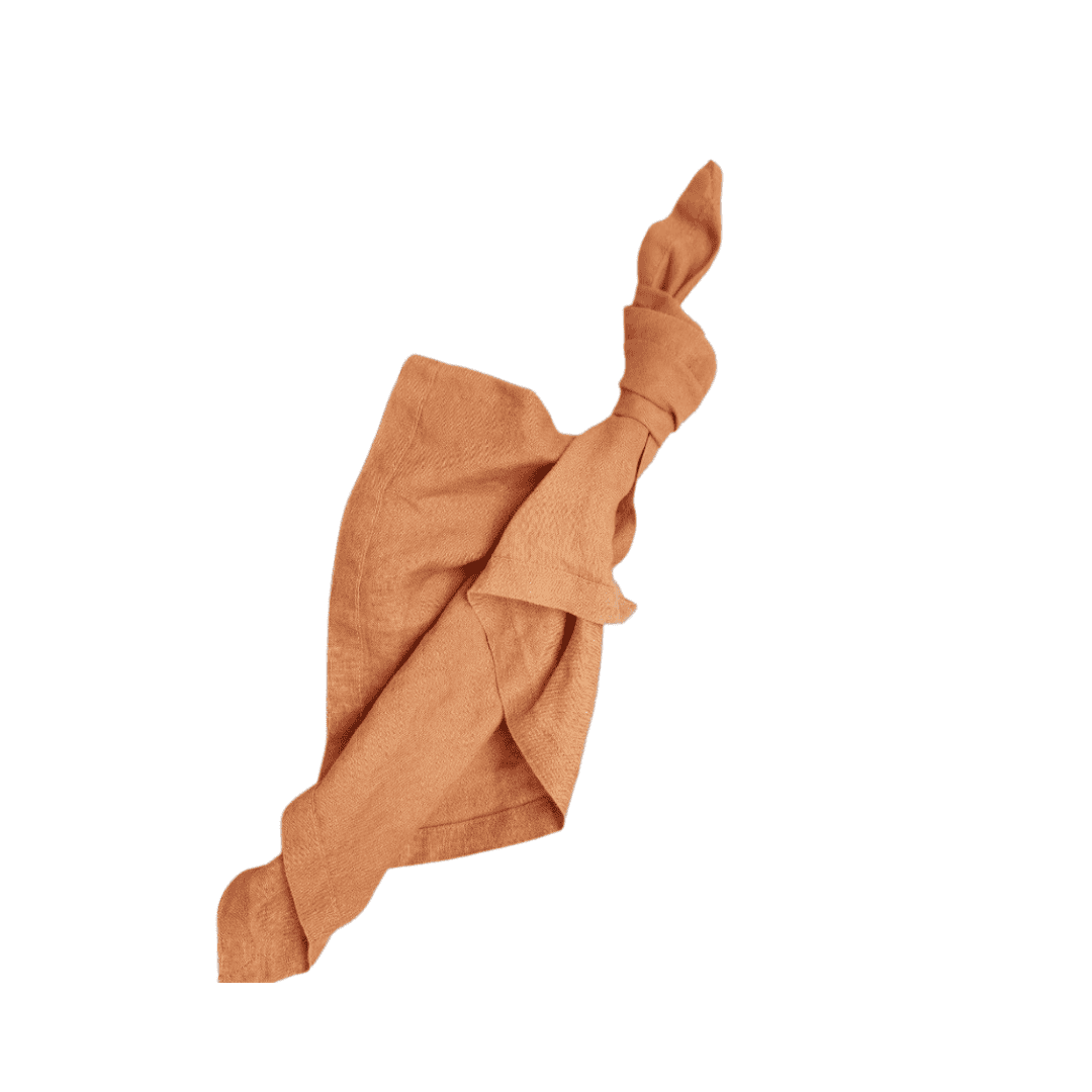 The Napkin l Terracotta Linen is neatly knotted against a white background, offering an elegant look ideal for picnic hire Gold Coast or napkin hire Gold Coast services.