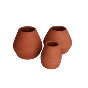 Three Floral Vase l Terracotta Bud pots, round and unglazed in varying sizes, are artfully arranged on a white background.