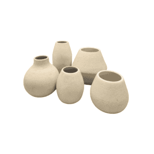 Six beige ceramic Floral Vase l White Bud vases in various shapes and sizes are arranged on a white background, creating an elegant display ideal for showcasing single stems or use as stylish floral vases.