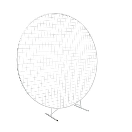 The Arbour | White + Mesh Backdrop is a large, white, circular metal frame with mesh detail, standing on two legs—an elegant addition to wedding ceremony hire packages on the Sunshine Coast.