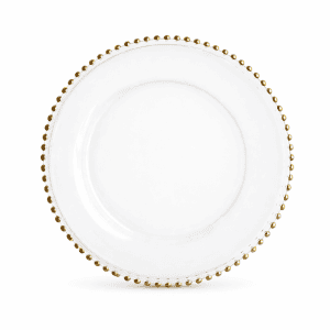 The Plate | Gold Beaded Charger is a round clear glass plate with a decorative gold beaded border—ideal for wedding ceremony hire on the Gold Coast or elegant local event rentals.