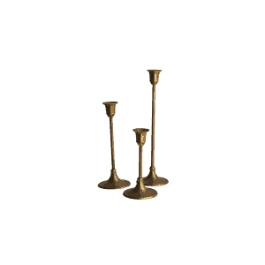 Three Taper Candle Holder l Gold of different heights are arranged together on a white background.