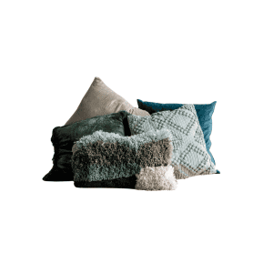 The Cushion Set Of 5 l Greens features decorative pillows in calming green tones with varied textures, complemented by a folded striped throw blanket placed in front.