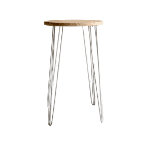 The High Bar l Round is a round wooden high bar stool with a flat top and three metal hairpin legs, shown against a plain white background.
