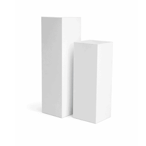 Two Pedestal l White Square stands of different heights are placed side by side on a plain white background, resembling minimalist white pedestals.