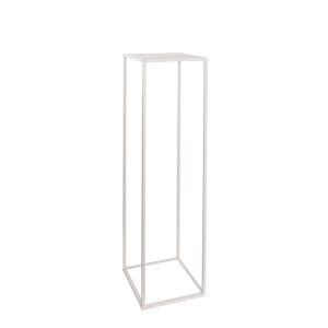 The Floral l Pillar Frame is a tall, minimalist white metal stand with a square base and four vertical supports, ideal as a display pillar for elegant floral arrangements.