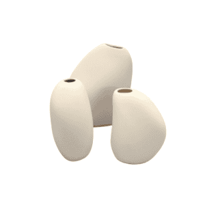 The Floral Vase l Nordic White Bud Set features three off white ceramic vases of different heights and organic shapes, grouped together to highlight a minimalist Nordic design.