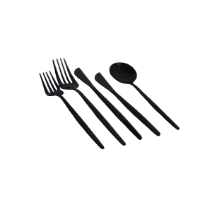 Cutlery l Black: A set of five matte black pieces—two forks, two knives, and one spoon—arranged side by side on a white background.