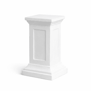 The Pedestal l White Textured Rectangle is a white, square pedestal with a flat top and decorative molding on each side, shown against a plain white background.