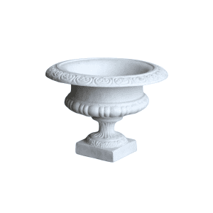 The Floral Vase | White Urn features a wide rim, floral detailing, fluted base, and square pedestal, presented on a white background.