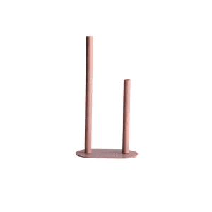 The Floral Vase l Blush Metal is a pink, minimalist paper towel holder with two staggered rods on an oval base, resembling a blush vase, displayed against a white background.