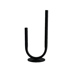 The Floral Vase l Black Metal features a U shaped black metal design with two vertical cylindrical arms at varying heights, set on a circular base and showcased against a white background.