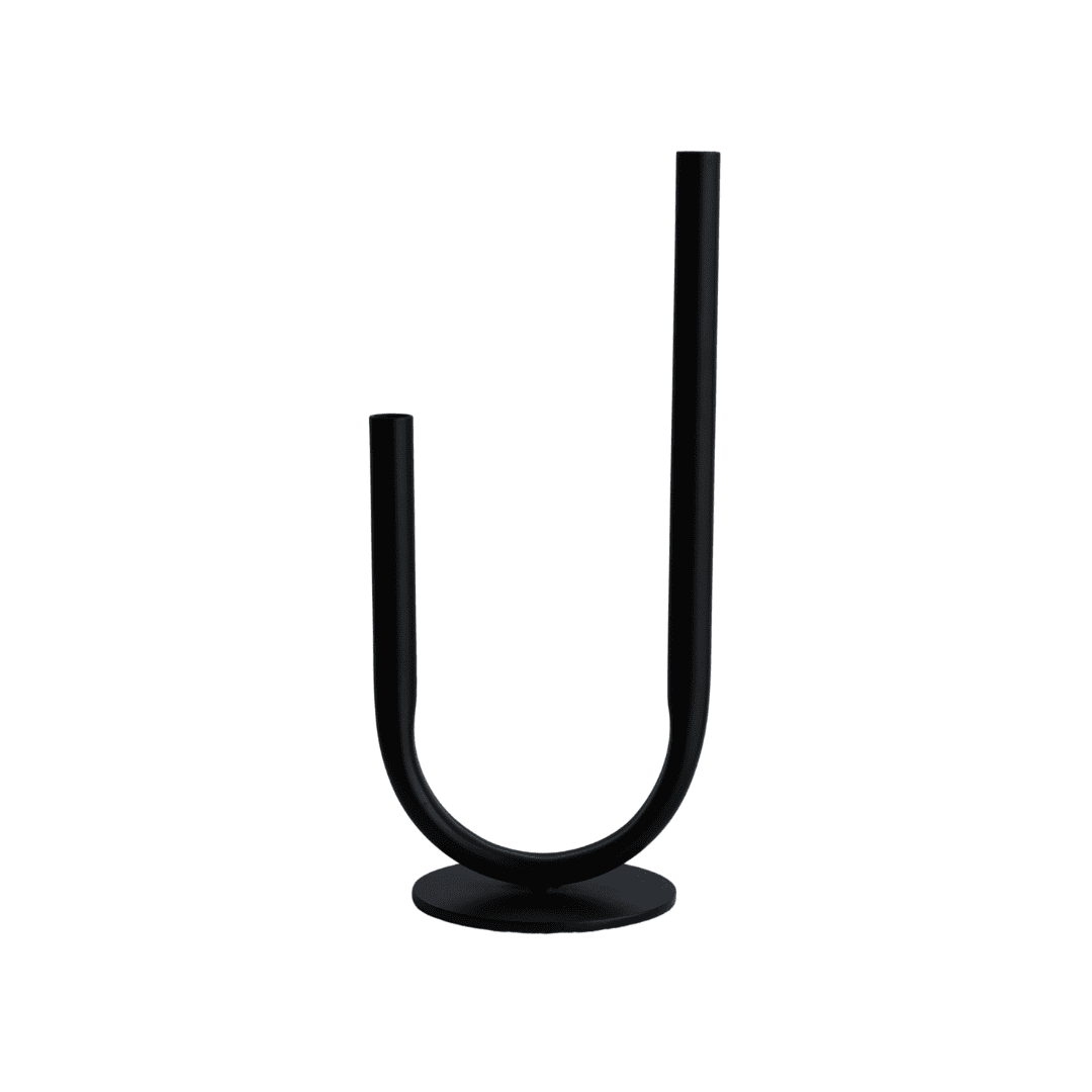 The Floral Vase l Black Metal features a U shaped black metal design with two vertical cylindrical arms at varying heights, set on a circular base and showcased against a white background.