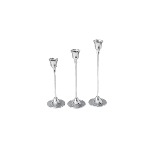 Three Taper Candle Holder l Silver pieces of varying heights are displayed side by side on a white background.