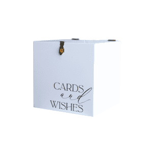 The Wishing Well l White & Black Decal features a white box with a gold latch and "CARDS and WISHES" in a stylish black decal, perfect as a wishing well for your special event.