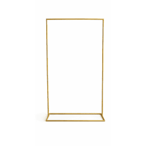The Freestanding Sign Frame l Tall Gold is a sleek, rectangular gold metal frame with an open center, ideal for furniture hire on the Gold Coast, shown on a white background.