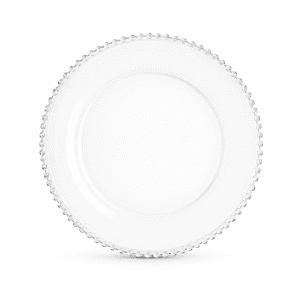 The Plate | Clear Beaded Charger is a clear glass plate with a beaded rim, ideal for wedding ceremony hire on the Gold Coast, shown on a white background.